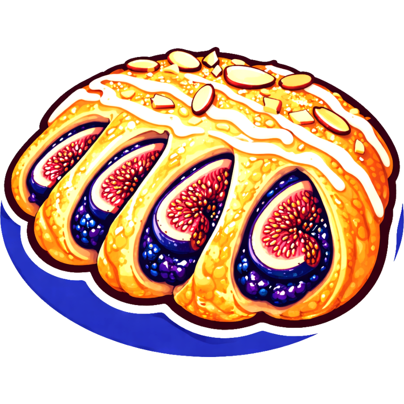 The FigClaw logo: a golden bear claw pastry filled with dark fig jam and topped with sliced almonds and icing